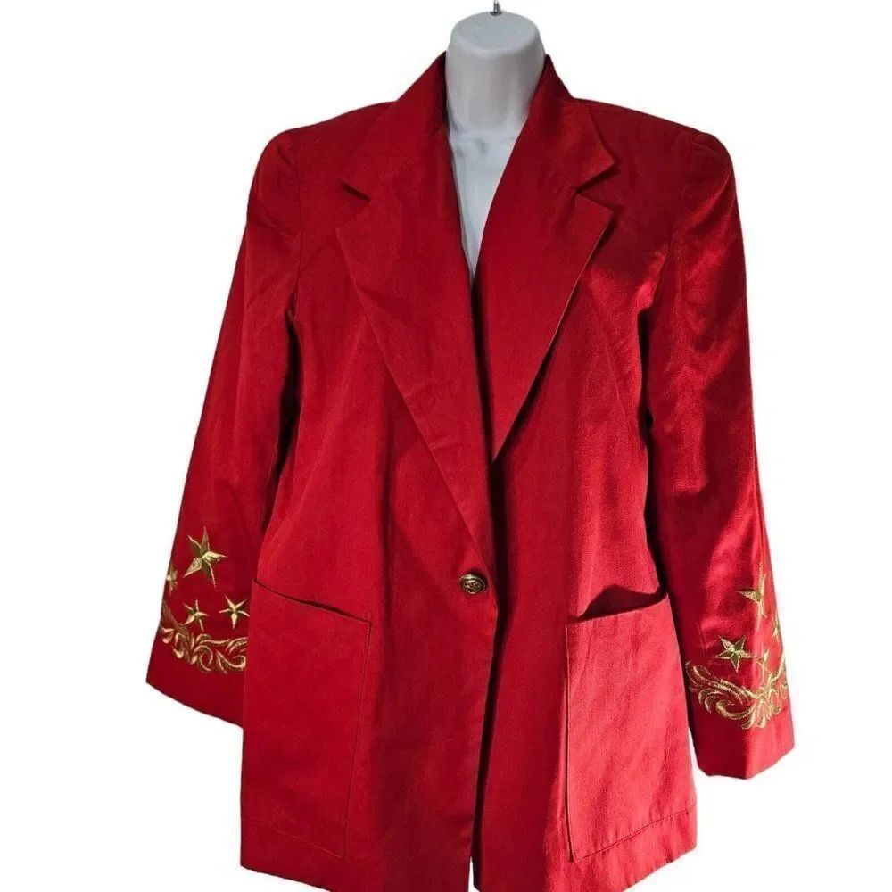 Vintage 80s Blazer Womens Size 10 Red Gold Star Embroidered Nautical Yacht Rock